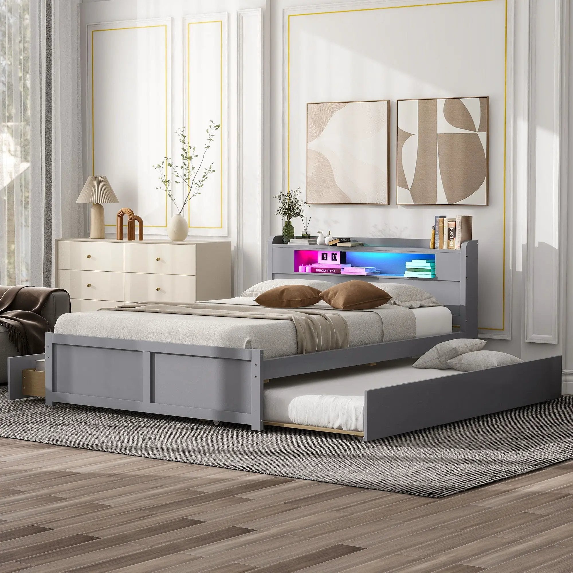 Storage Platform Bed With LED Lights, 2 Drawers And Trundle by Unique Piece Furniture