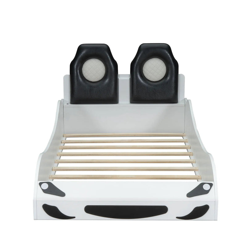 Race Car Shaped Platform Bed With LED And Upholstered Backrest In
