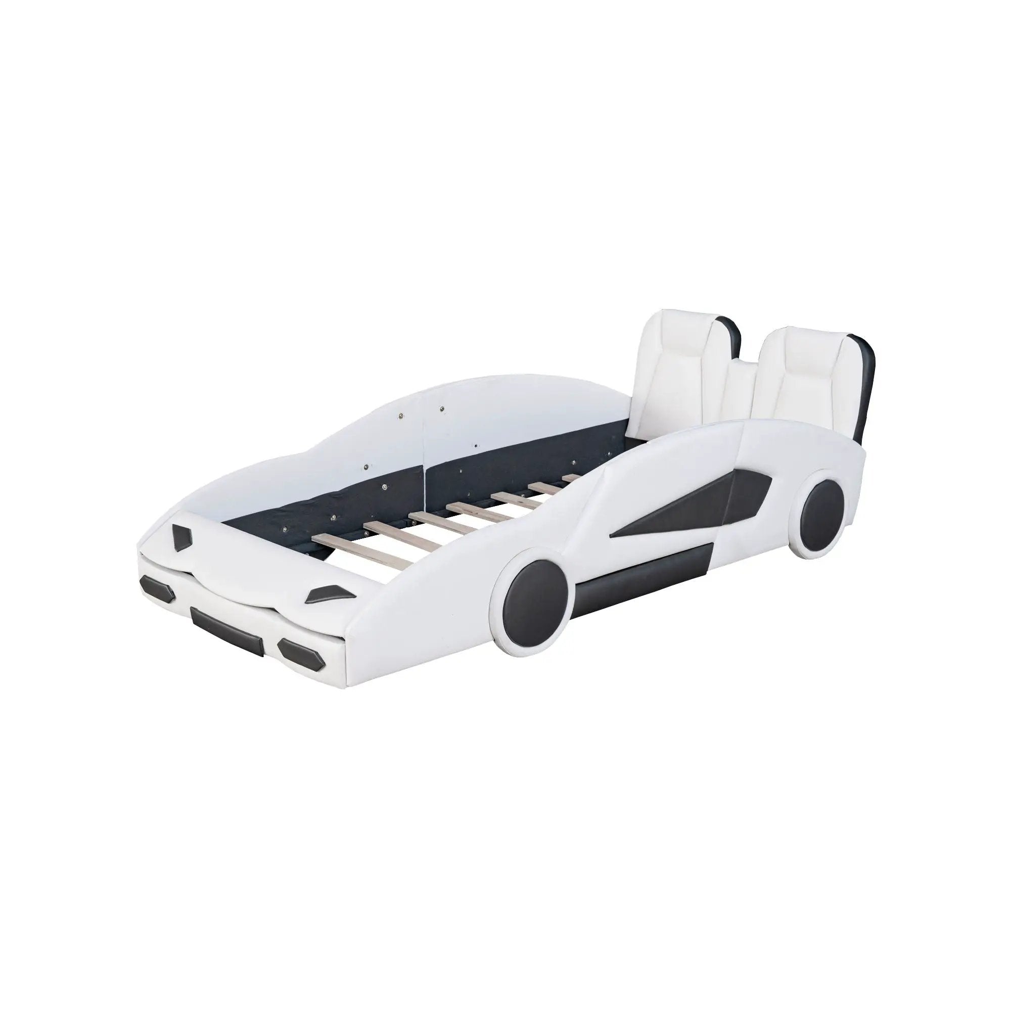 Race Car Shaped Twin Platform Bed With Wheels, Pine Wood Construction by Unique Piece Furniture