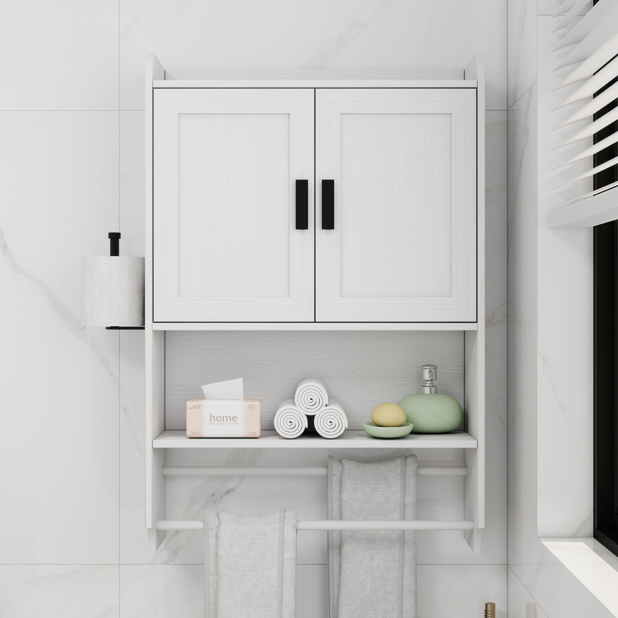 Bathroom Wall Cabinet with Doors, Adjustable Shelf, Towel Bar, and Paper Holder by HouseOfZazla
