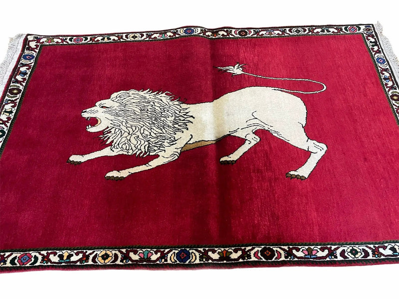 4 X 6 Handmade Hand-Knotted Quality Wool Rug Zagros Lion Red Ivory Tribal Rug by Jewel Rugs