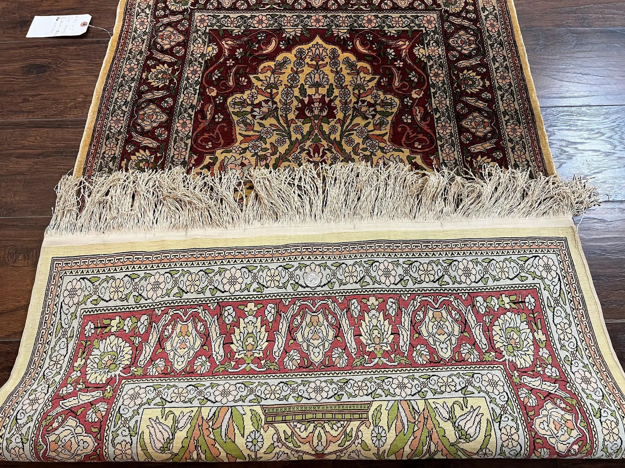 Wonderful Silk Turkish Hereke Prayer Rug 2.8 x 4.5, Tree of Life Design, Signature from Master Weaver, Gold and Burgundy, Handmade, 625 KPSI by Jewel Rugs