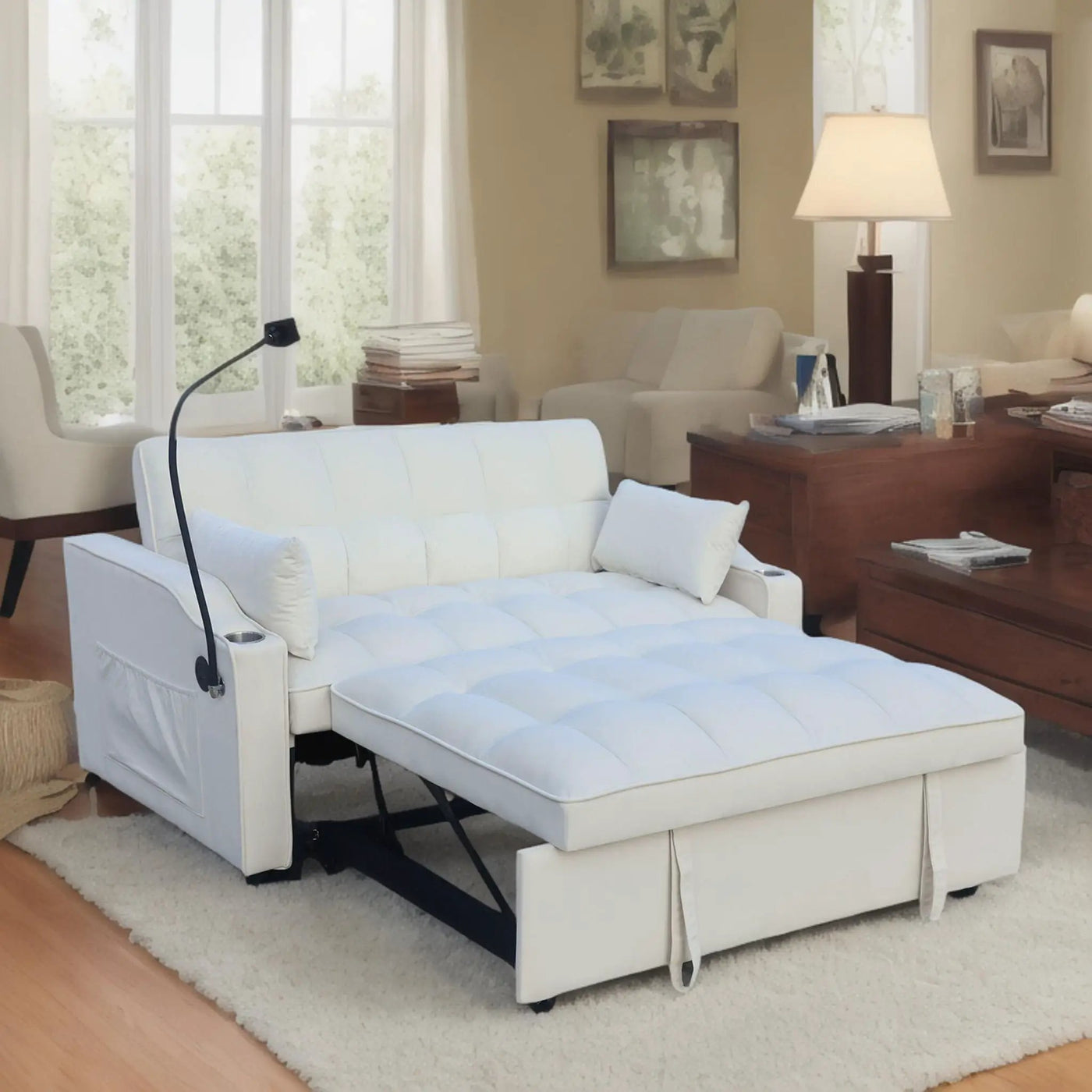 Modern Loveseat Futon Sofa With Pullout Bed, Adjustable Reclining Backrest, Toss Pillows by HouseOfZazla