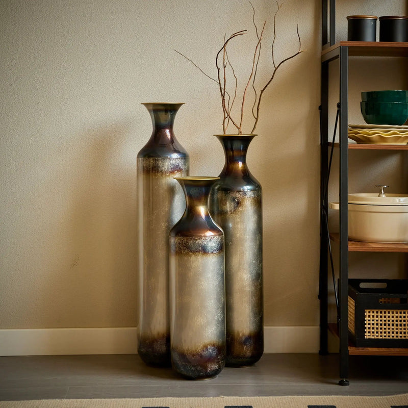 Modern Droplet Shaped Floor Vase Set, Glazed Metal Decorative Vases 3 Piece Home Accent For Living Room - Gold / White by HouseOfZazla