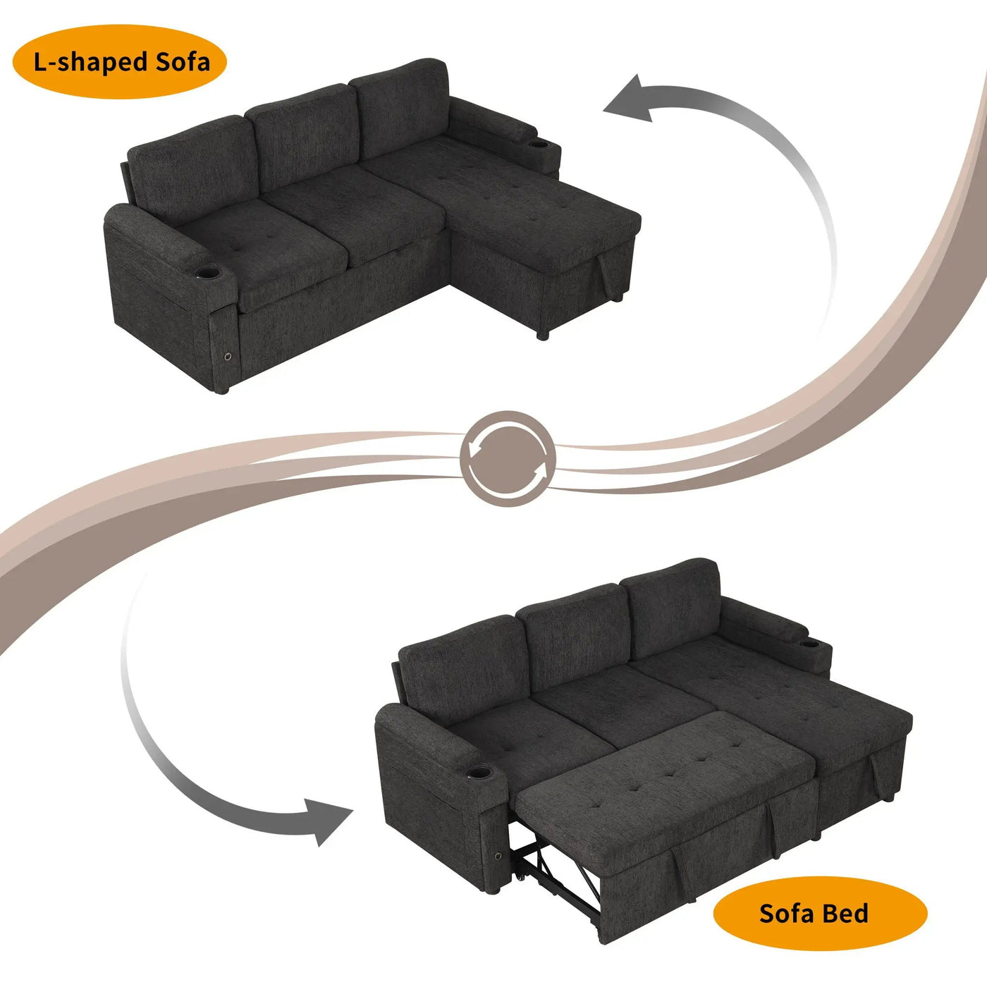Convertible L Shaped Sofa Couch With Storage, Cup Holders, USB Ports by Unique Piece Furniture