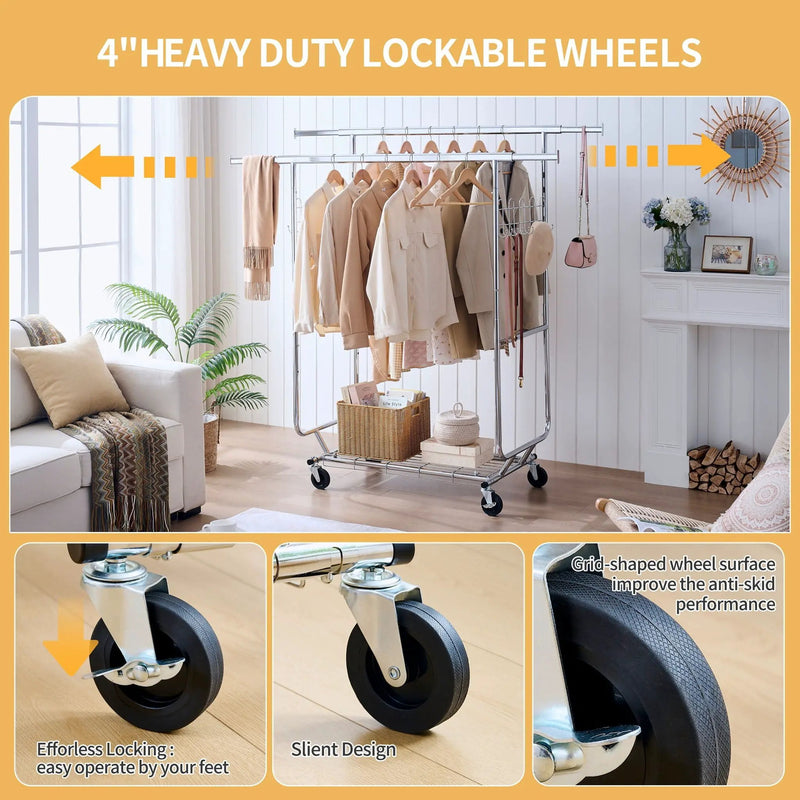 Heavy Duty Double Clothing Garment Rack With Shelves - Silver by Unique Piece Furniture