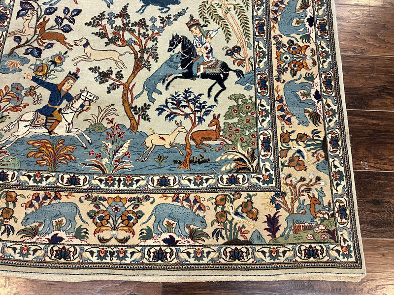 Persian Kashan Pictorial Rug 4.6 x 7, Hunting Scene, Signed by Masterweaver, Animal Pictorials, Rare, Handmade, Wool, Vintage, Very Fine by Jewel Rugs