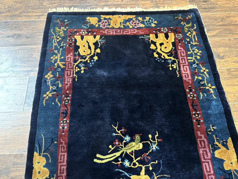 Antique Chinese Peking Rug 3x6, Dark Blue, Bird Motif, Handmade Wool Art Deco Asian Oriental Carpet, Pair B by Jewel Rugs