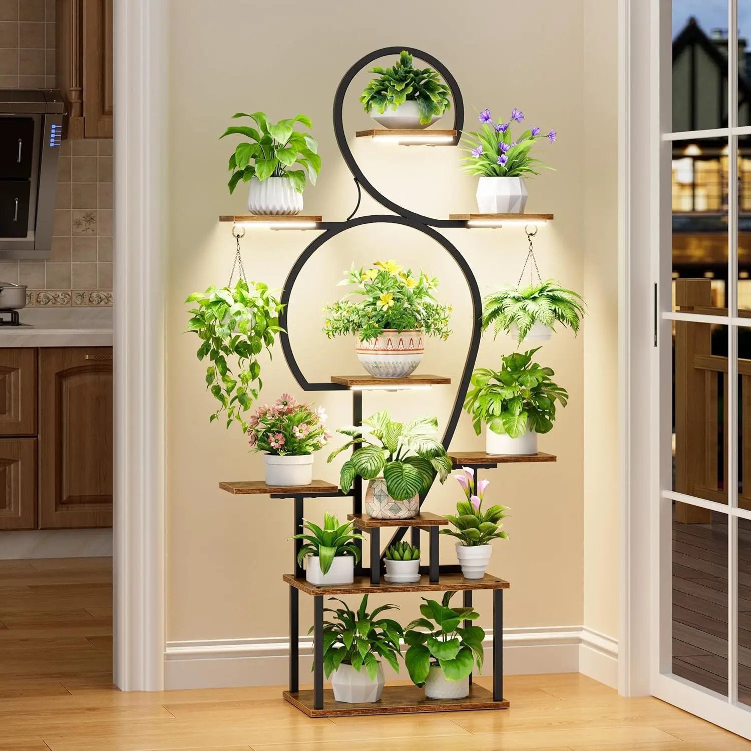 Plant Stand Indoor With Grow Light, 9 Tiered 63" Tall Indoor Plant Shelves For Multiple Plants - Walnut / Black by Unique Piece Furniture