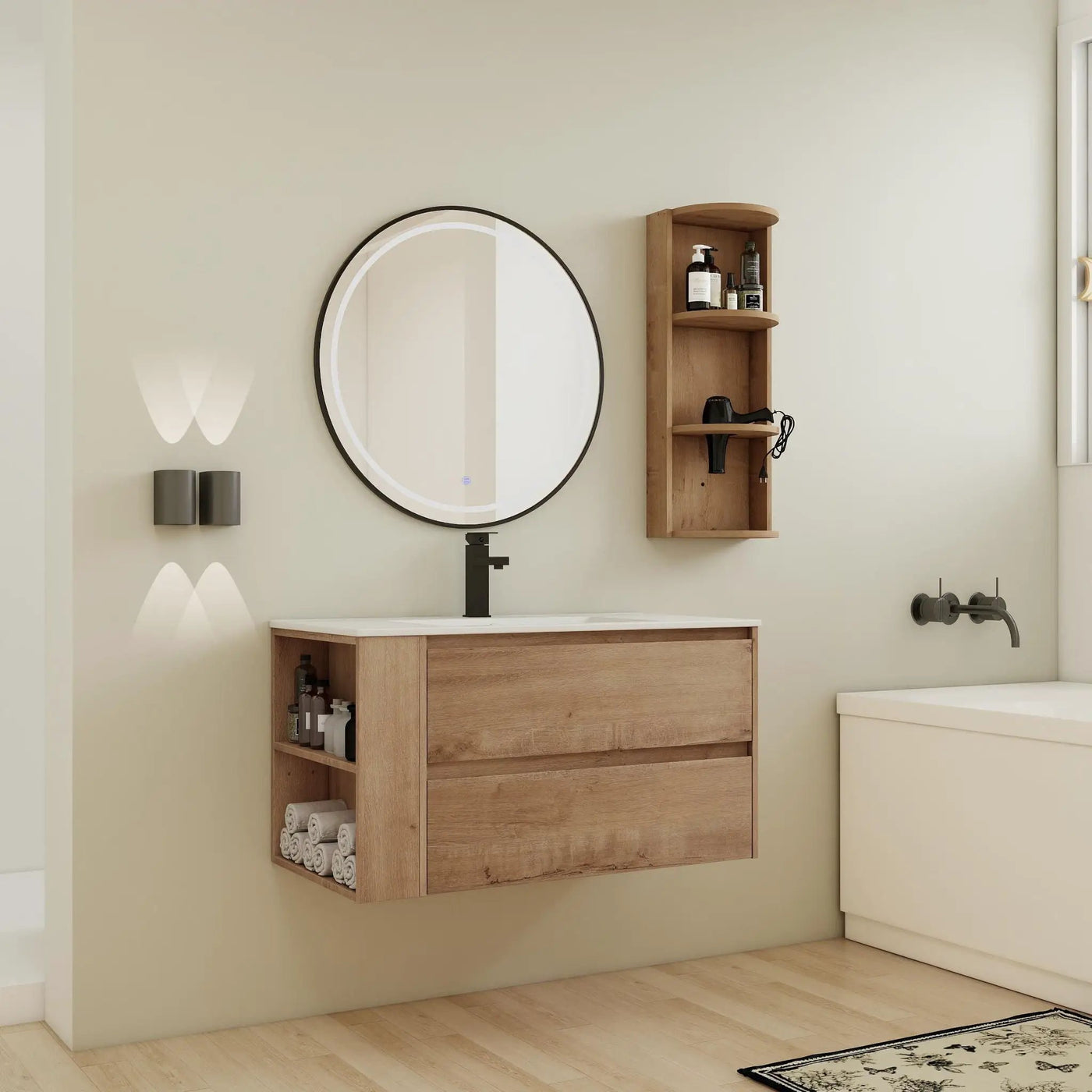 Modern Wall Mounted Bathroom Vanity With Ceramic Sink And Storage Rack, 2 Soft Close Drawers by Unique Piece Furniture