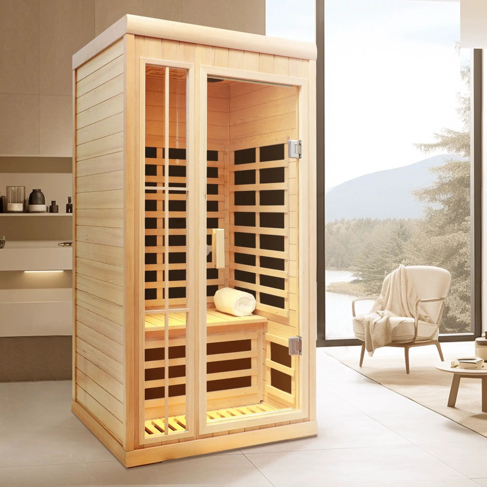 Deluxe Version Plus 1 Person Far Infrared Hemlock Sauna Room With LED Colour Lights - Natural by HouseOfZazla