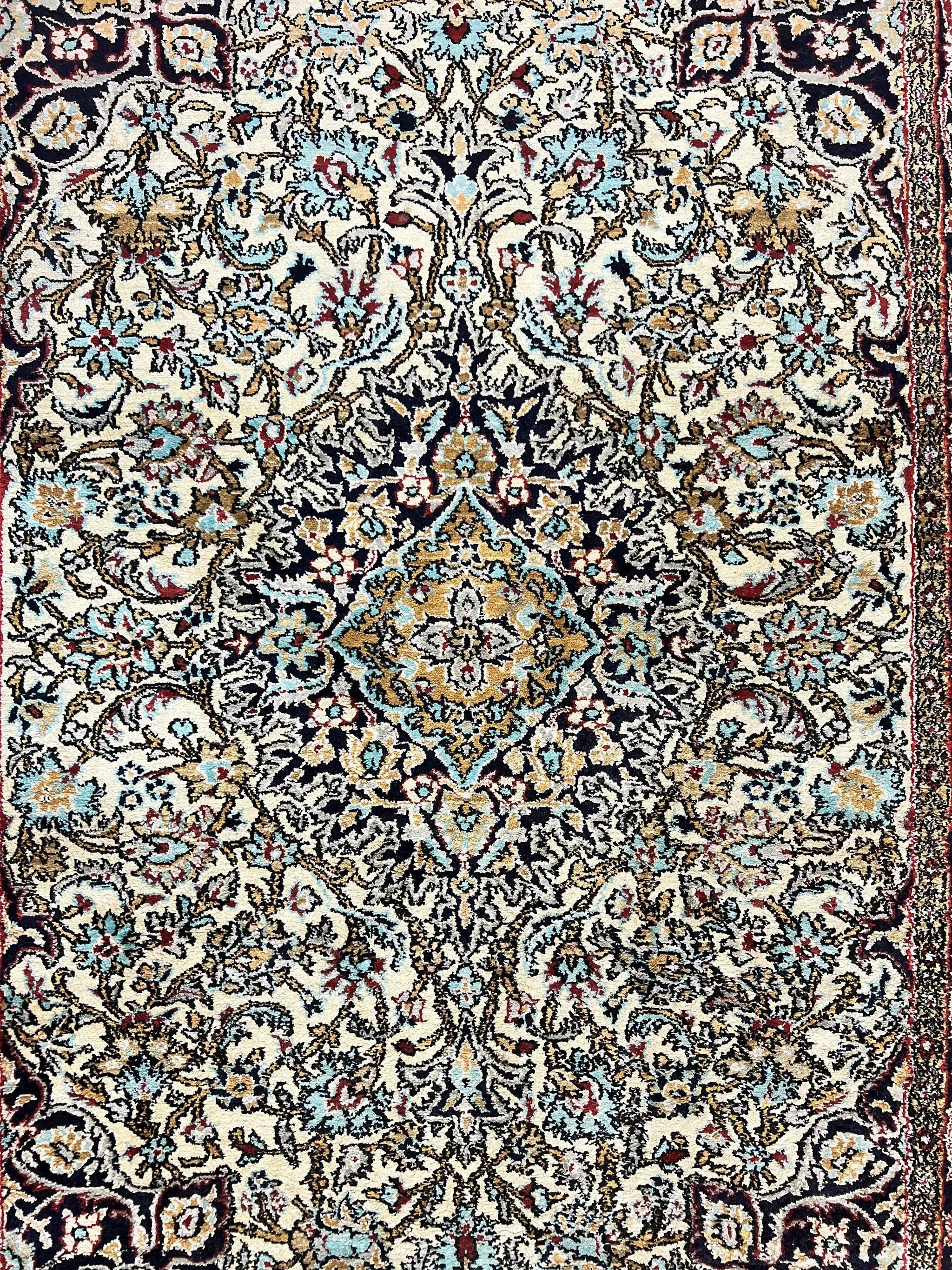 Silk Persian Qum Rug 4x5, Hand Knotted Vintage Carpet, Cream & Navy Blue, Silk Pile on Silk Foundation, Very Fine 360 KPSI by Jewel Rugs