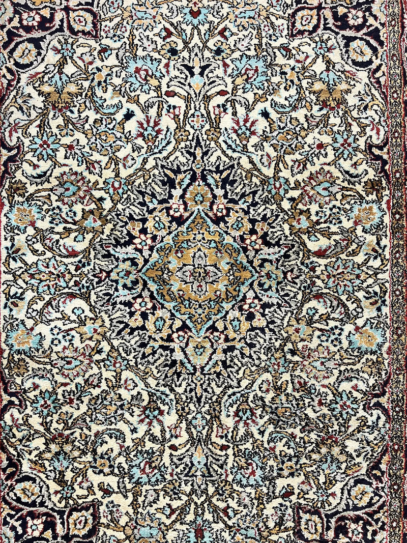 Silk Persian Qum Rug 4x5, Hand Knotted Vintage Carpet, Cream & Navy Blue, Silk Pile on Silk Foundation, Very Fine 360 KPSI by Jewel Rugs