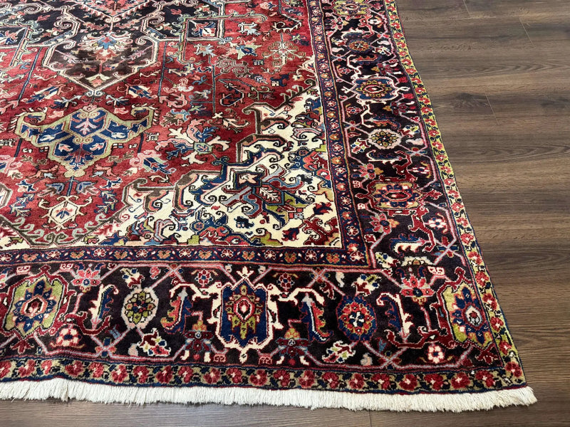 Antique Persian Heriz Rug 8x11, Geometric Tribal Wool Carpet, Brick Red by Jewel Rugs