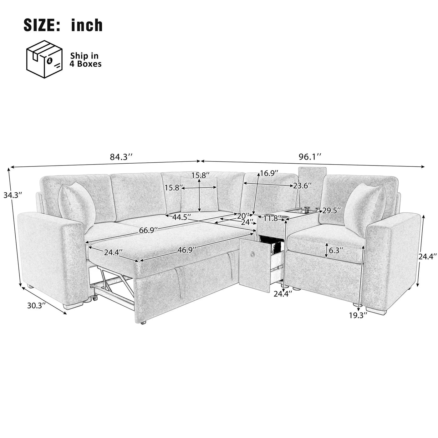 Modular L-Shaped Sectional Sofa Bed With Pull-Out Sleeper, Cup Holders, And Storage by HouseOfZazla