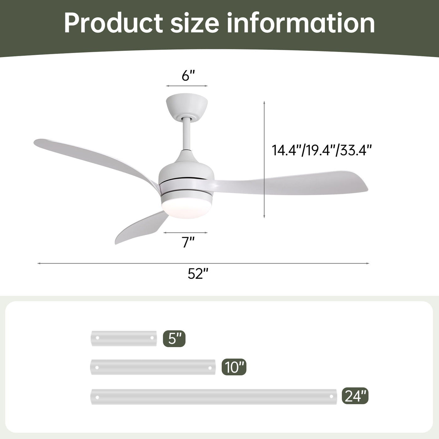 Ceiling Fan With 3 Blades, Remote Control, Reversible DC Motor, Noiseless Operation, 3 Downrods by Unique Piece Furniture