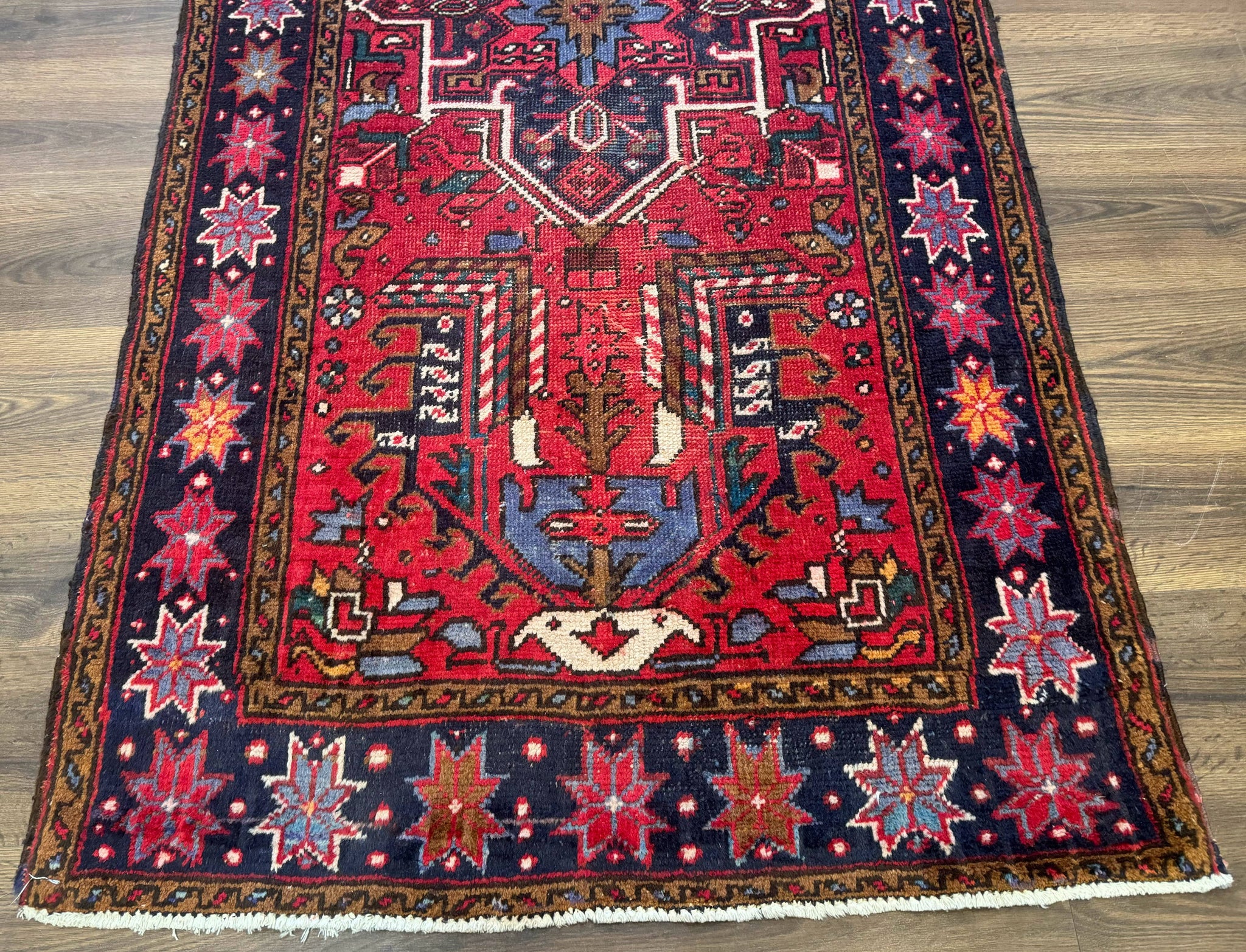 Persian Heriz Karajeh Runner Rug 3.7 x 12, Geometric Medallions, Red and Navy Blue by Jewel Rugs
