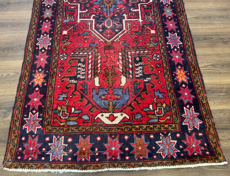 Persian Heriz Karajeh Runner Rug 3.7 x 12, Geometric Medallions, Red and Navy Blue by Jewel Rugs