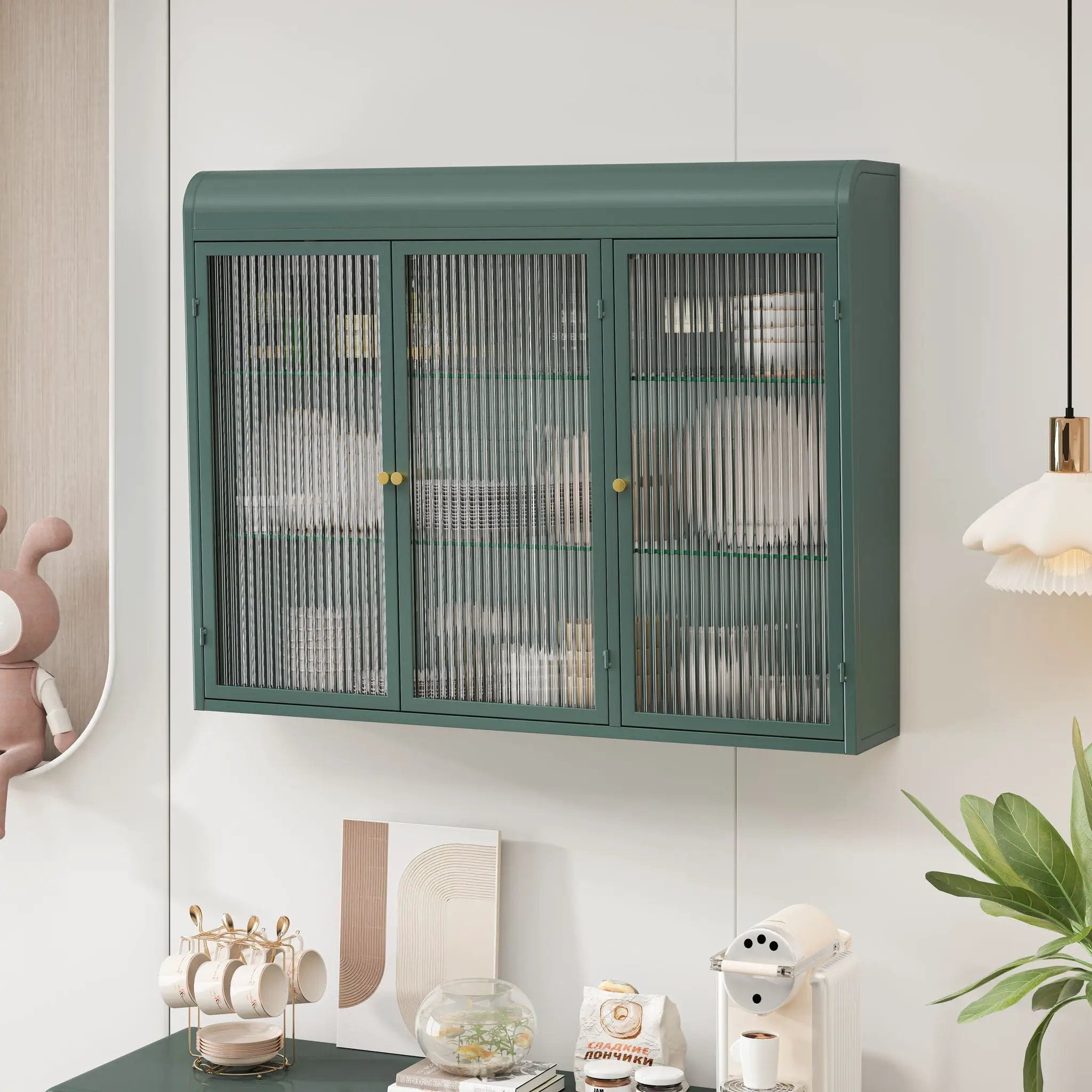 Arched Wall Mounted Cabinet, 3 Door Storage For Kitchen - Dark Green by Unique Piece Furniture