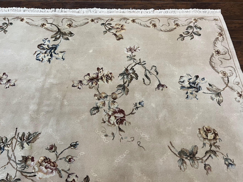 Chinese 120 Line Rug 8x10, Chinese Aubusson Wool & Silk Highlights Handmade Vintage Carpet, Beige Fine Weave Rug, Floral European Design by Jewel Rugs