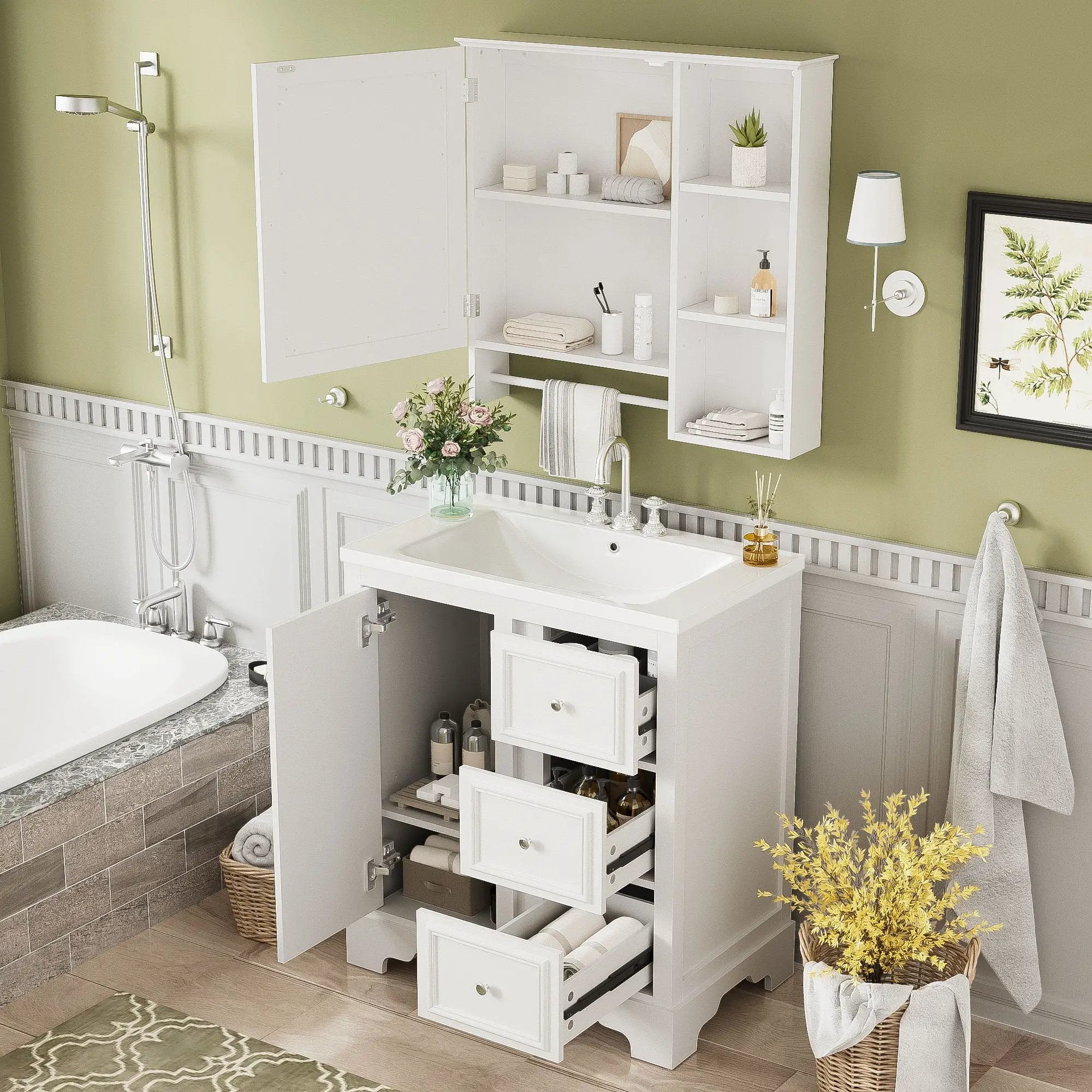 Bathroom Vanity With Sink, Modern Elegant Bathroom Storage Cabinet With 3 Drawers And Adjustable Shelves, Freestanding Vanity Set With Mirror Cabinet, Single Sink Bathroom Vanity by HouseOfZazla