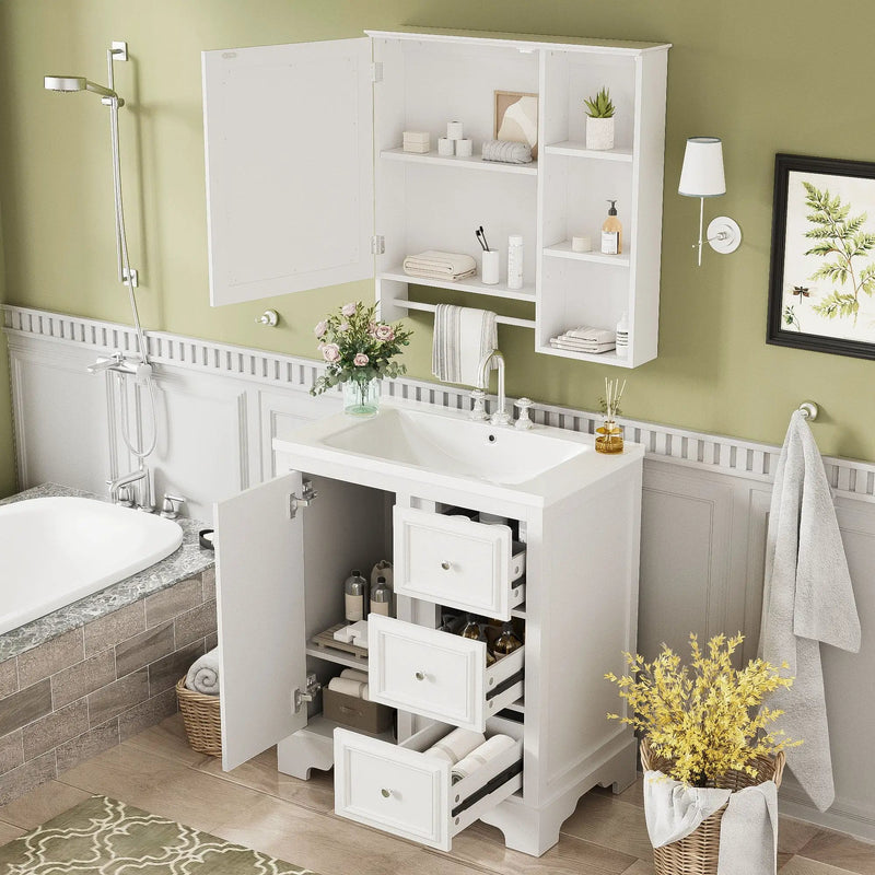 Bathroom Vanity With Sink, Modern Elegant Bathroom Storage Cabinet With 3 Drawers And Adjustable Shelves, Freestanding Vanity Set With Mirror Cabinet, Single Sink Bathroom Vanity by HouseOfZazla