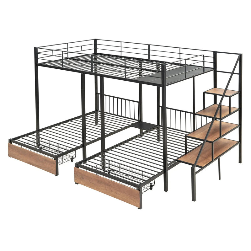 Full Over Twin-Twin Triple Bunk Bed With Drawers And Staircase - Black by HouseOfZazla