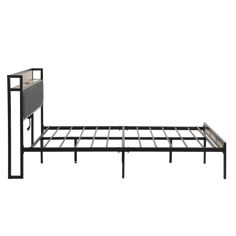 Modern Bed Frame With LED Lights, Upholstered Headboard, USB Charging by HouseOfZazla
