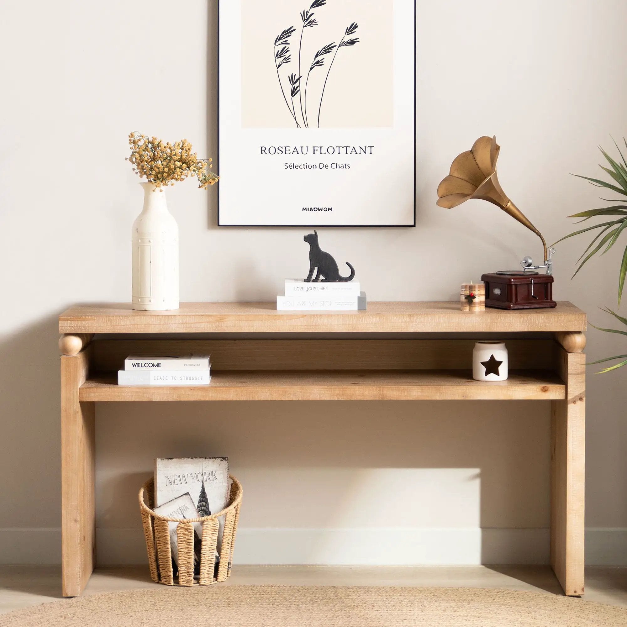Modern Rustic Console Table, Wood Entryway Table With Shelf & Decorative Bead Detail - Natural by Unique Piece Furniture