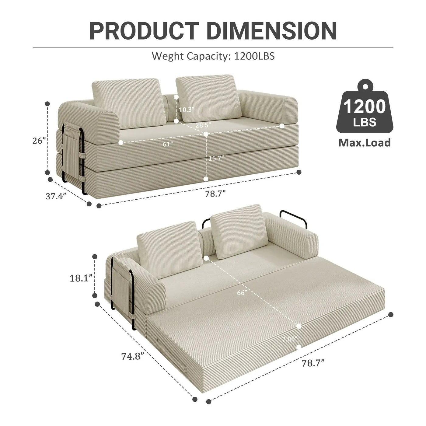 Convertible Sleeper Sofa Bed With Cylindrical Pillow, Fixed Shape Frame by Unique Piece Furniture