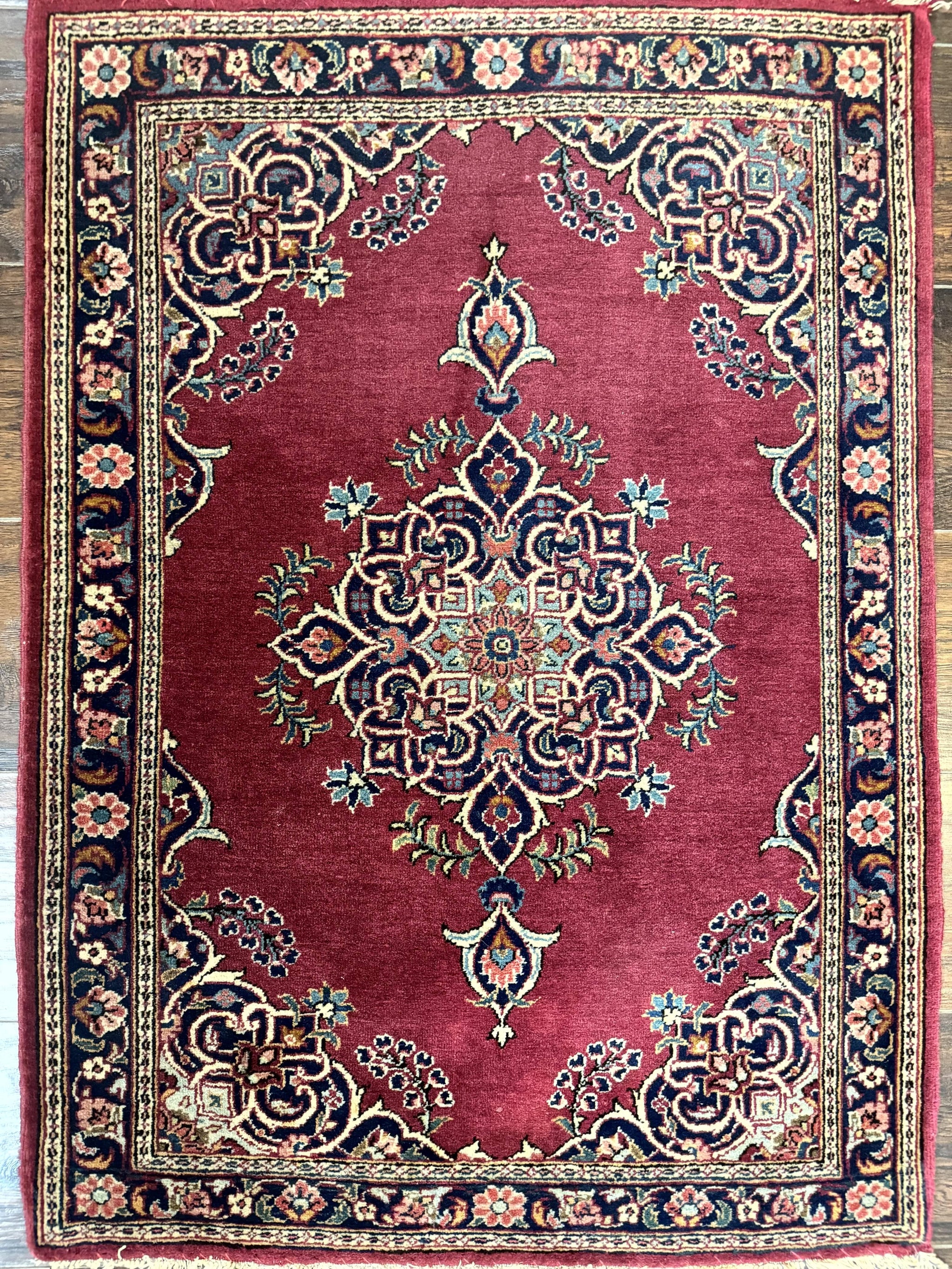 Small Persian Kashan Rug 2x3, Red and Navy Blue, Handmade Vintage Wool Semi Antique Persian Carpet, Semi Open Field by Jewel Rugs
