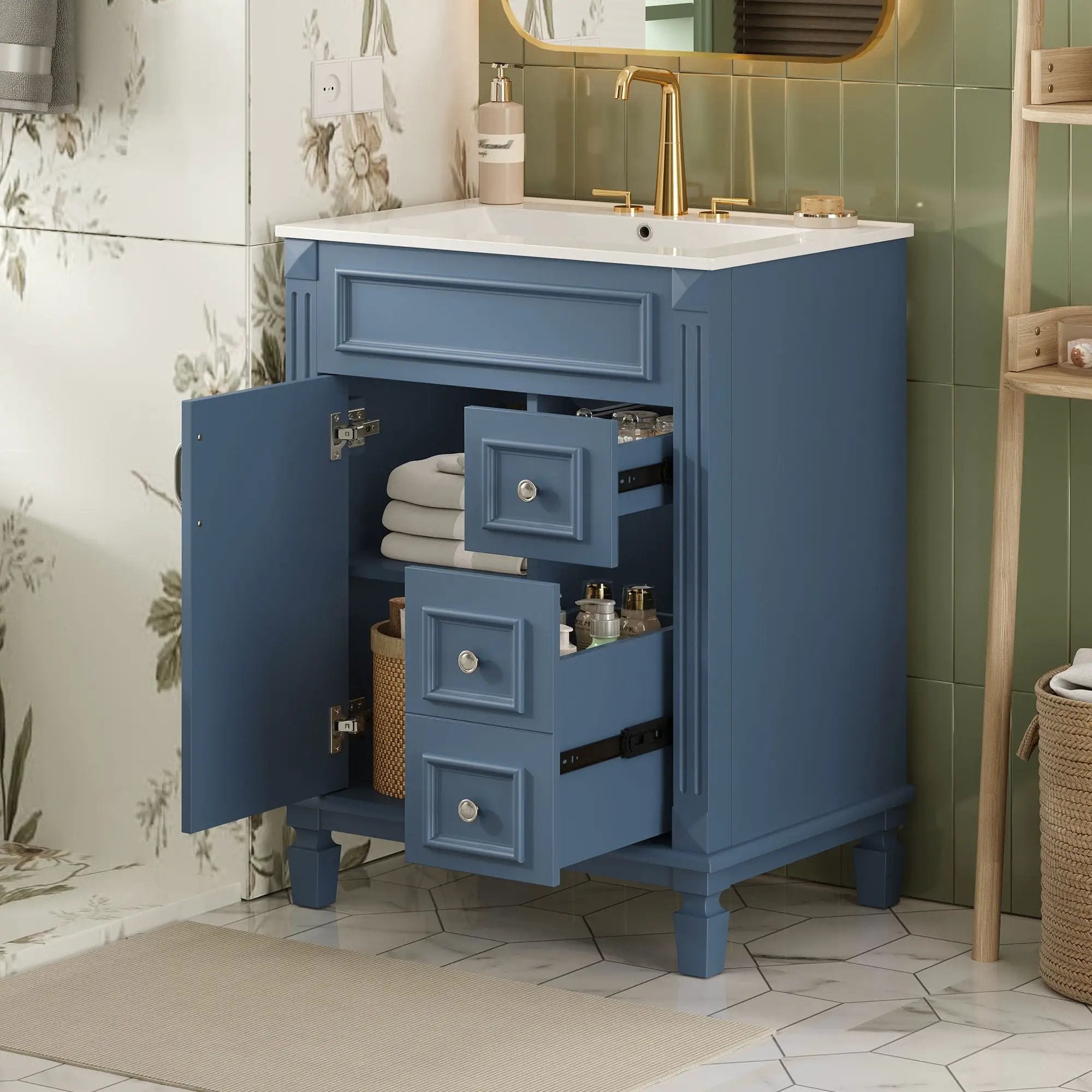 Bathroom Vanity With Ceramic Sink, Compact Cabinet With 2 Drawers And Adjustable Shelf - Blue by Unique Piece Furniture