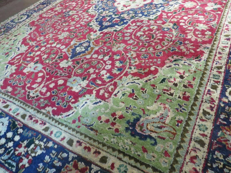 Persian Tabriz Rug 7x10, Red Blue and Green Rug, Allover Floral Medallion Rug, Hand Knotted Rug, Antique Rug 7 x 10 Vintage Wool Oriental Carpet by Jewel Rugs