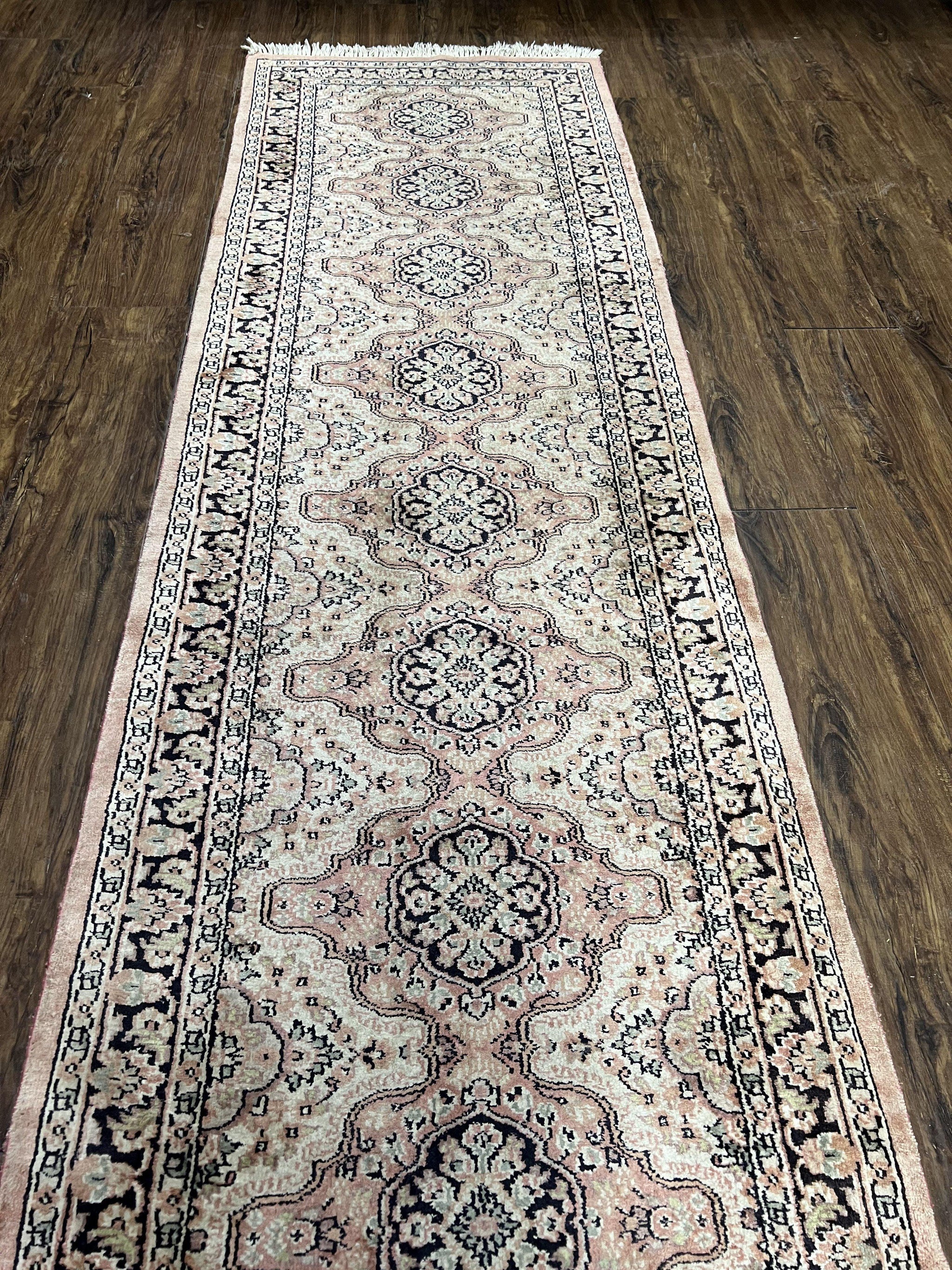 Silk Kashmiri Runner 2.7 x 10 ft Vintage Rug, Ivory Pastel Pink, Hand-Knotted Vintage Runner, Hallway Carpet, Indian Rug Medallion Runner by Jewel Rugs