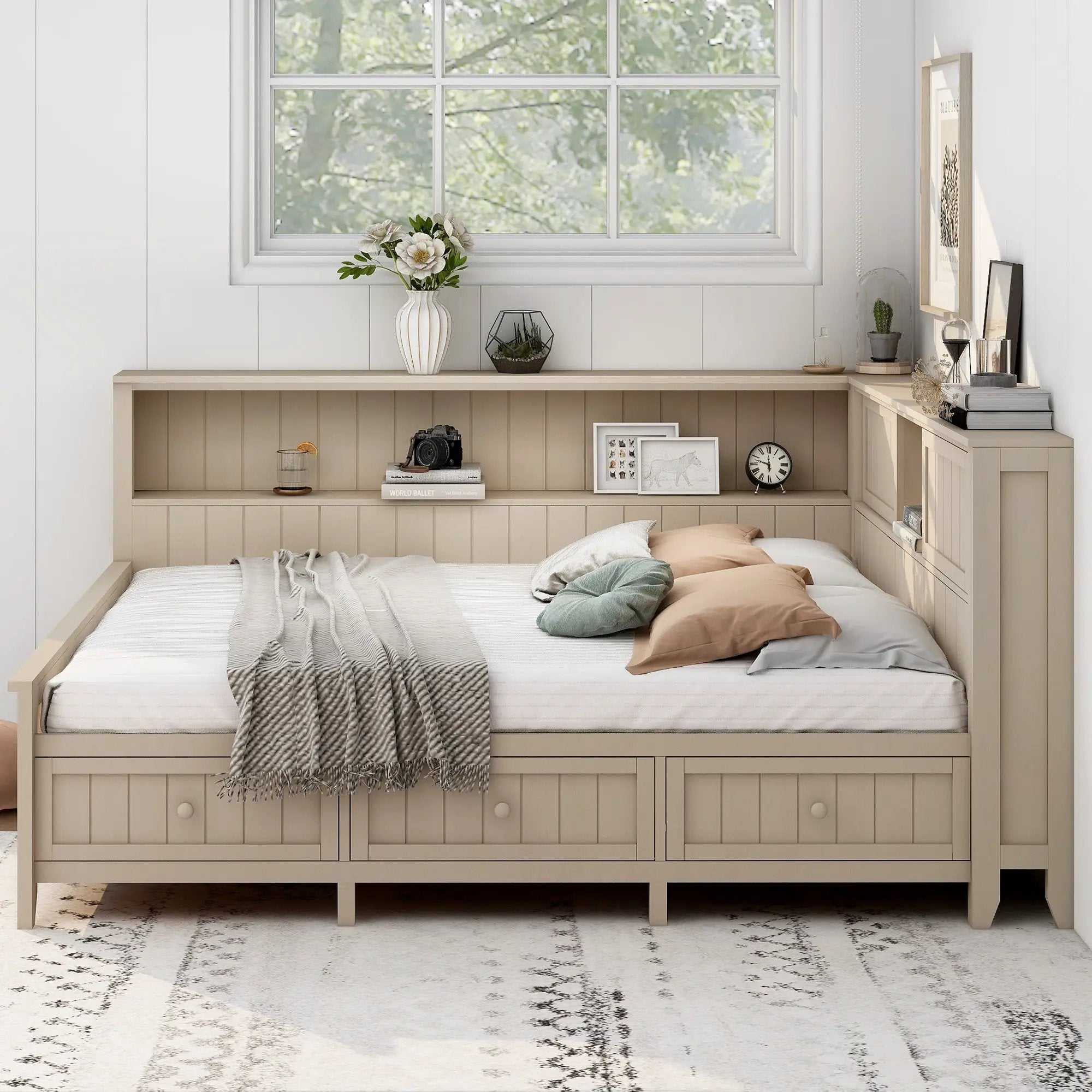 Full Size Wood Daybed with Storage Shelves and 3 Drawers by HouseOfZazla