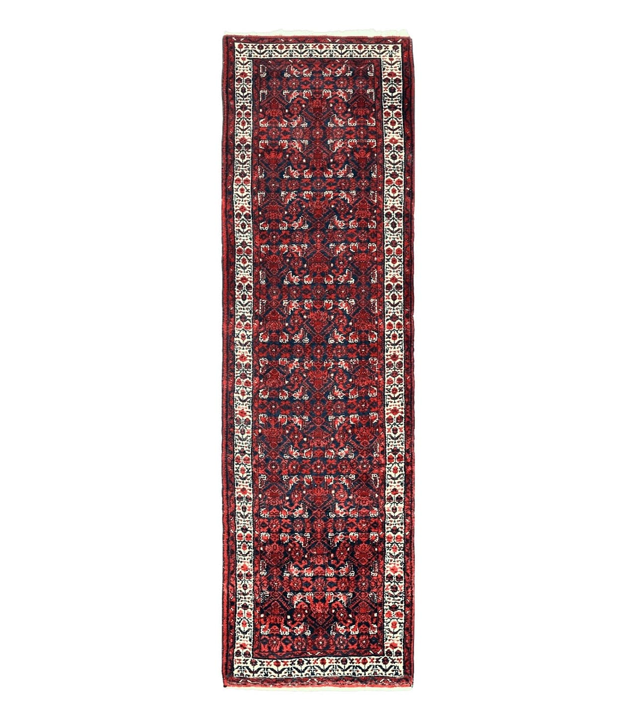 Persian Tribal Runner 3 x 9, Hamadan Dargazin Rug, Dark Blue and Red Wool Hand Knotted Hallway Rug, Vintage Antique Oriental Runner, 9ft Long Runner, Herati by Jewel Rugs