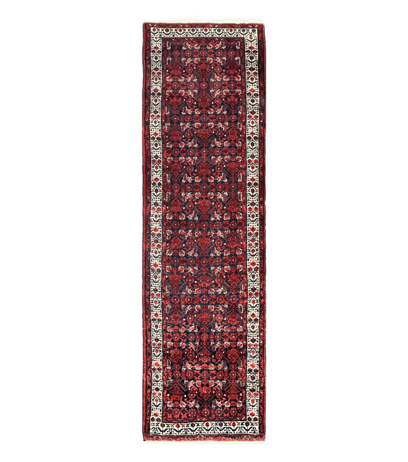 Persian Tribal Runner 3 x 9, Hamadan Dargazin Rug, Dark Blue and Red Wool Hand Knotted Hallway Rug, Vintage Antique Oriental Runner, 9ft Long Runner, Herati by Jewel Rugs