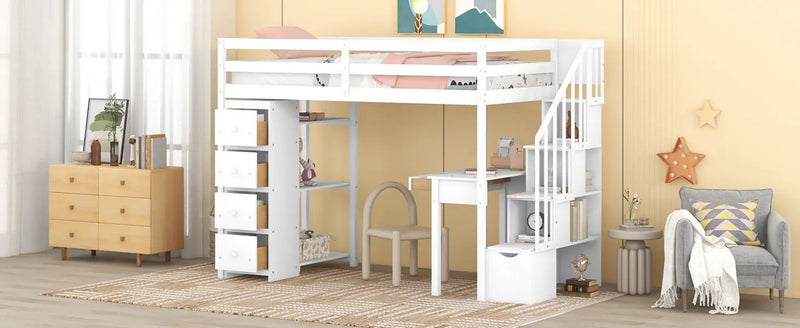 Loft Bed With Storage Drawers, Desk And Stairs With Shelves by HouseOfZazla