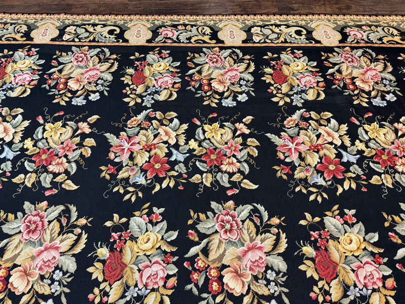 Palace Size Needlepoint Rug 12x16, Black and Colorful, Floral Panel, Handmade Oversized Wool Needlepoint Carpet, Rare by Jewel Rugs