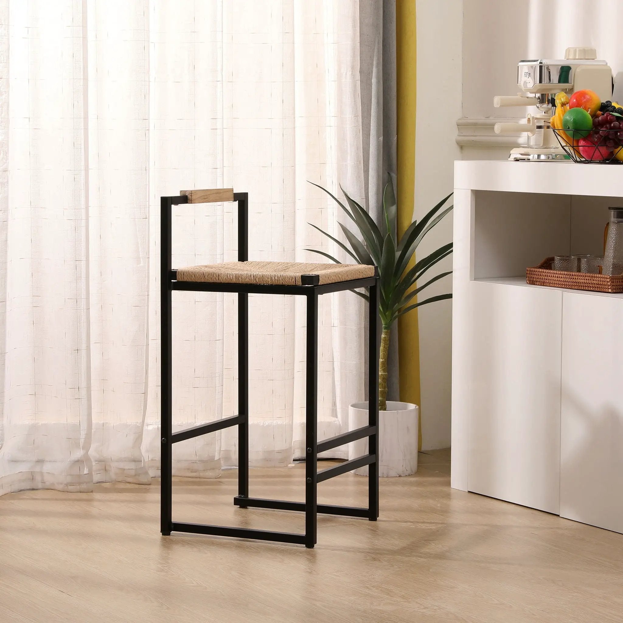 Stylish (Set of 2) Bar Stools With Backrest And Paper Rope Woven Seat, Counter Height Dining Chairs For Kitchen - Natural by HouseOfZazla