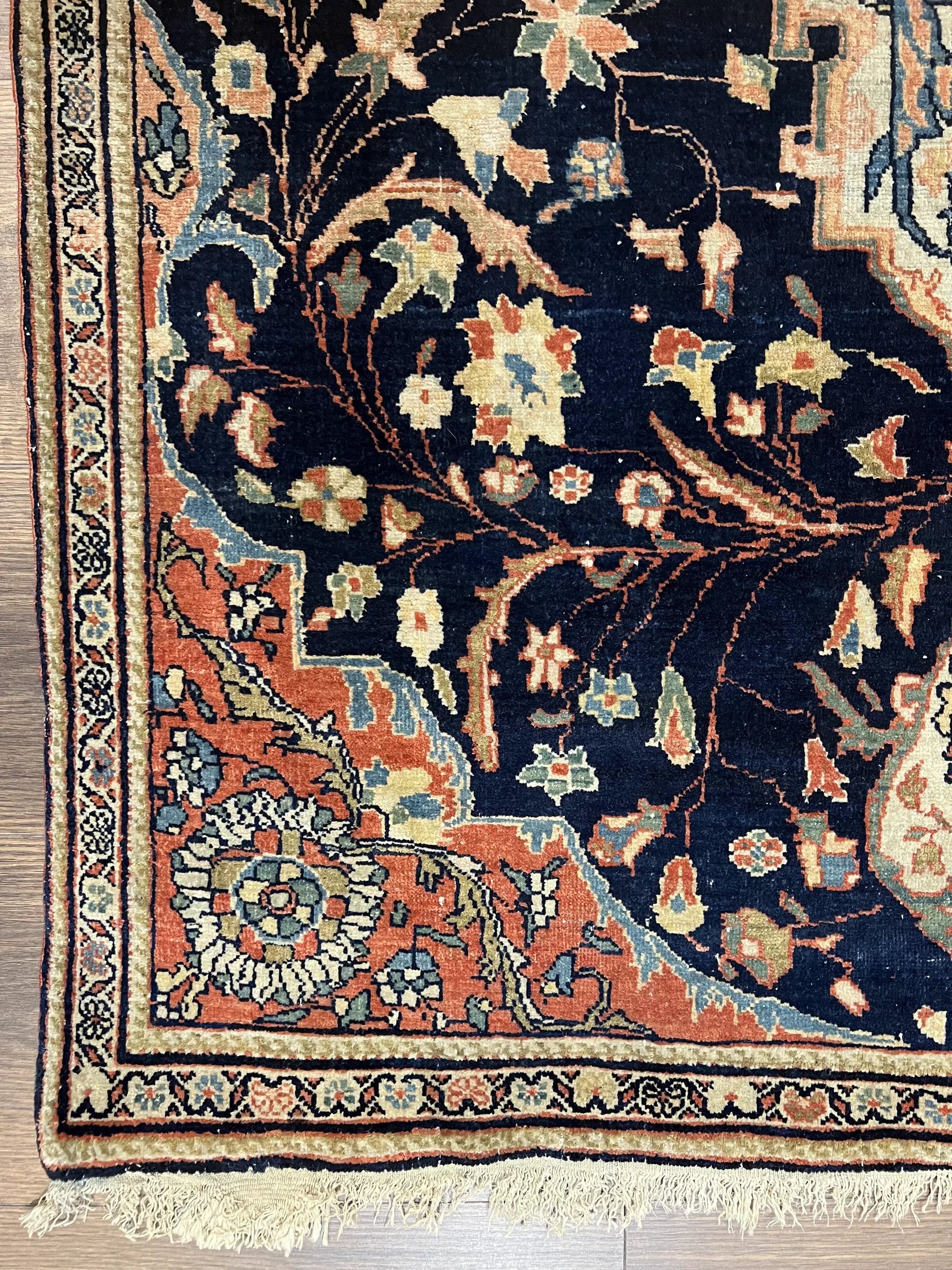 Antique Persian Rug 3.5 x 5, Sarouk Farahan Rug, High Quality 1920s Fine Oriental Carpet 3 x 5 ft, Large Medallion, Floral, Navy Blue Red, Hand Knotted Wool Rug by Jewel Rugs