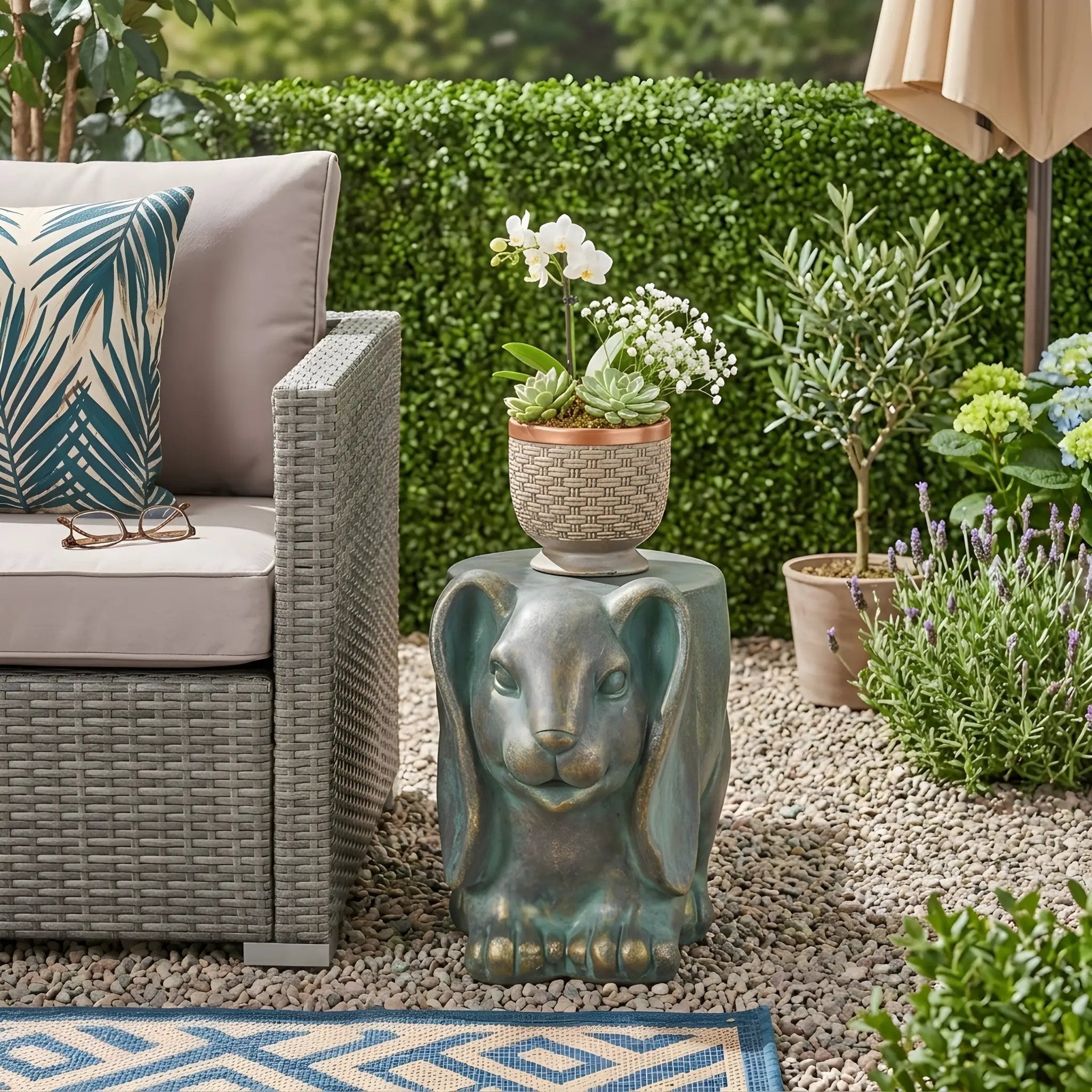 13inch High Rabbit Garden Stool, Lightweight Concrete, Gold Patina Finish, No Assembly Required by HouseOfZazla