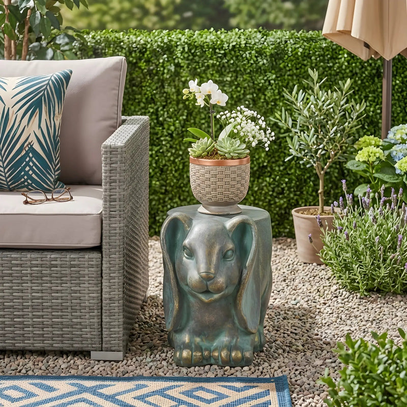 13inch High Rabbit Garden Stool, Lightweight Concrete, Gold Patina Finish, No Assembly Required by HouseOfZazla
