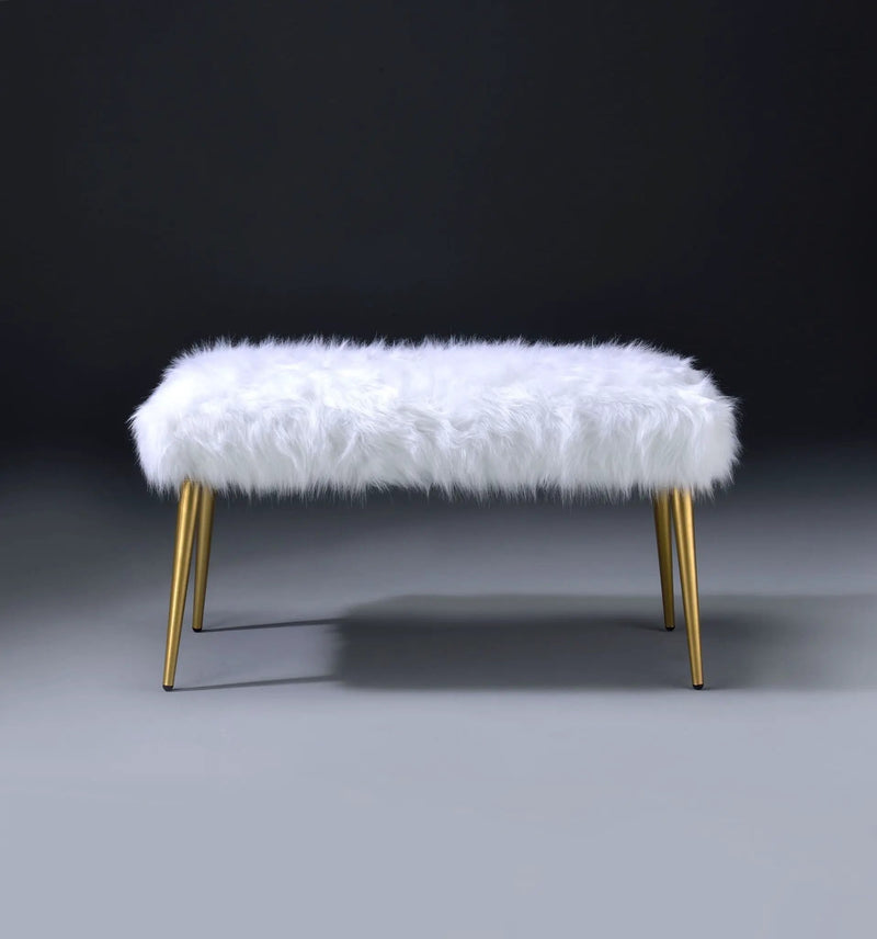 Bagley II Faux Fur Bench - White / Gold by HouseOfZazla