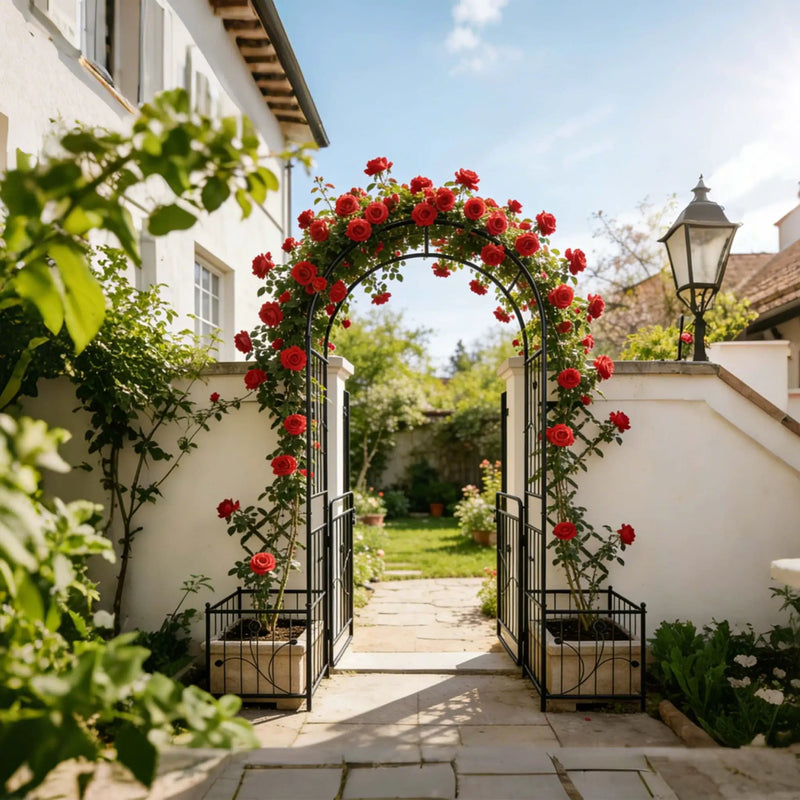 Metal Garden Arch With Gate Wide High Climbing Plants Support Rose Arch Outdoor - Black by Unique Piece Furniture