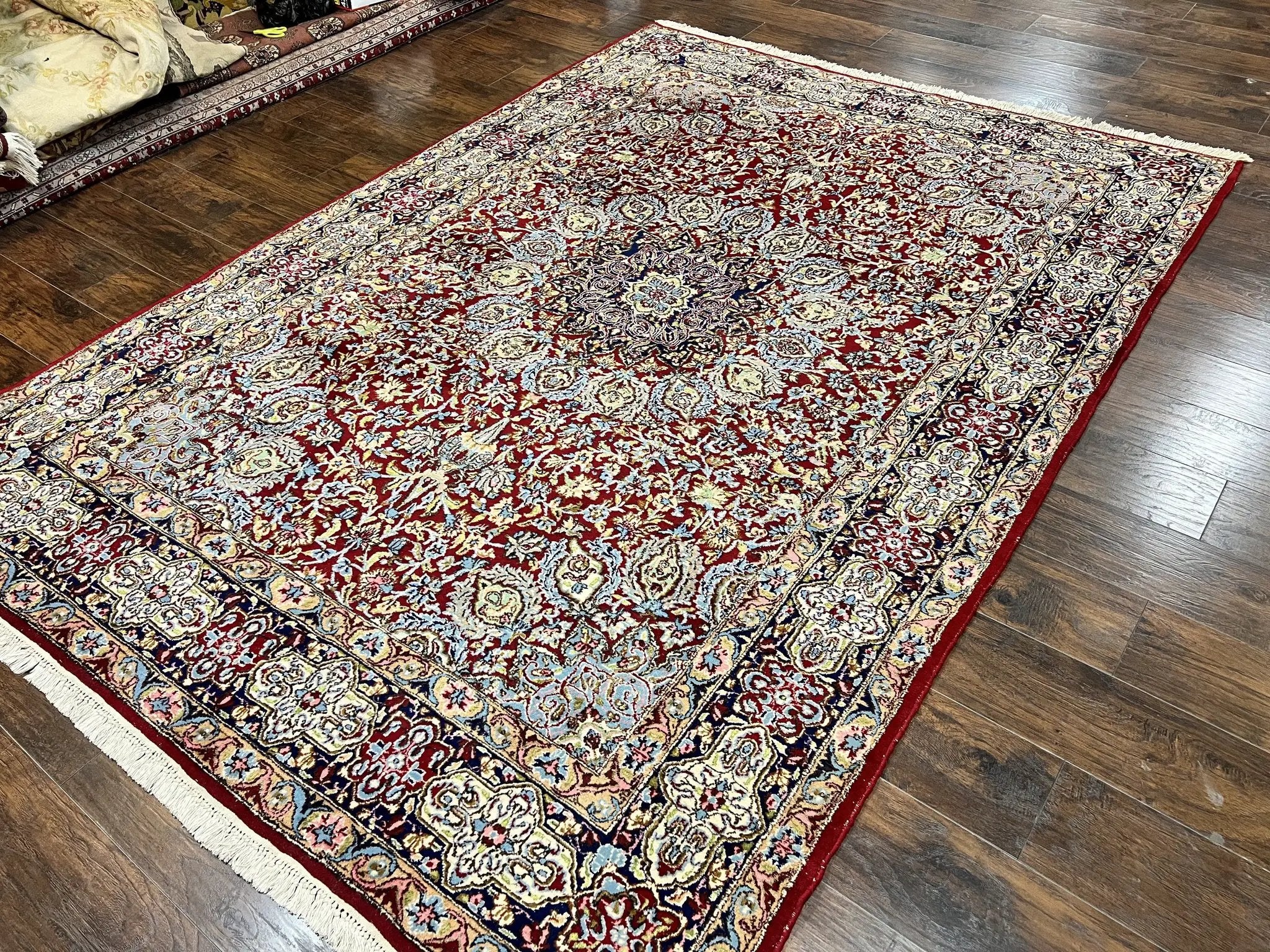 Persian Kirman Rug 7x10, Hand Knotted Wool Floral Medallion Carpet, Dark Red by Jewel Rugs