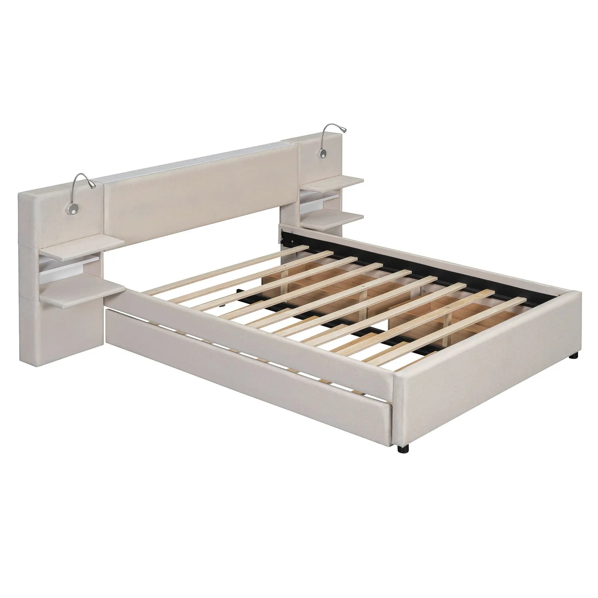 Upholstered Platform Bed With Reading Lights, Drawers, Trundle And Shelves by HouseOfZazla