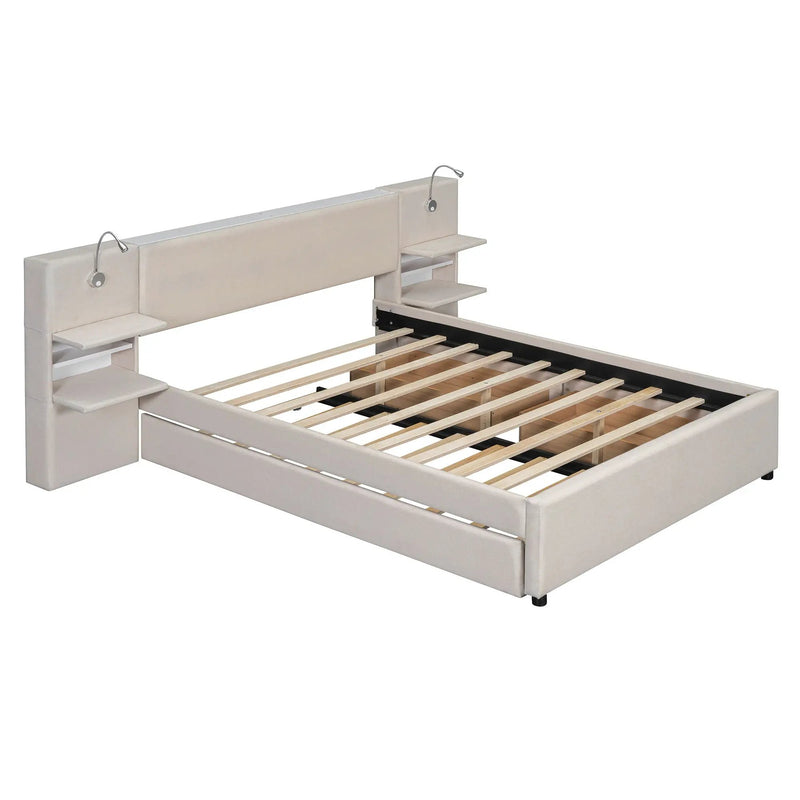 Upholstered Platform Bed With Reading Lights, Drawers, Trundle And Shelves by HouseOfZazla