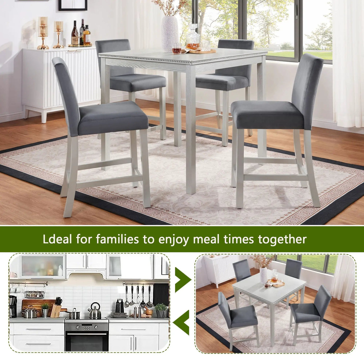 5 Pieces Counter Height Table Set, Kitchen Table With Square Table And 4 Upholstered Chairs by Unique Piece Furniture