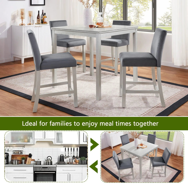 5 Pieces Counter Height Table Set, Kitchen Table With Square Table And 4 Upholstered Chairs by Unique Piece Furniture